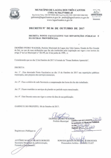 Prefeito Dionisio Pedro Wagner decreta Ponto Facultativo