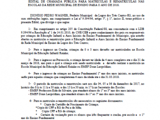 EDITAL DE CHAMADA PÚBLICA PARA MATRÍCULAS E REMATRÍCULAS NAS ESCOLAS DA REDE MUNICIPAL