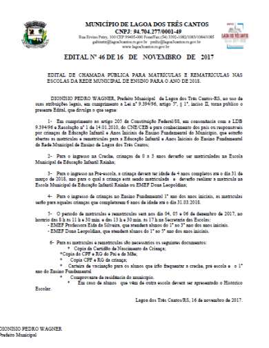 EDITAL DE CHAMADA PÚBLICA PARA MATRÍCULAS E REMATRÍCULAS NAS ESCOLAS DA REDE MUNICIPAL