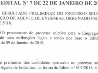 Resultado preliminar do processo seletivo para contratação de agente de endemias