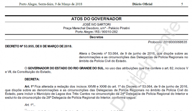 Lagoa dos Três Cantos passa a integrar a circunscrição da Delegacia de Polícia de Tapera