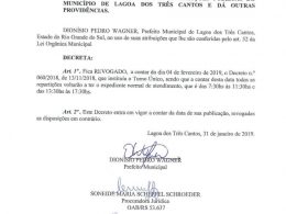 REVOGADO O DECRETO NÚMERO 060/2018, DE 13/11/2018 QUE INSTITUI O TURNO ÚNICO NAS REPARTIÇÕES PÚBLICAS DO MUNICÍPIO DE LAGOA DOS TRÊS CANTOS
