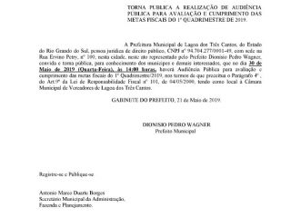 Município realizará Audiência Pública para avaliação e cumprimento das Metas Fiscais do 1º Quadrimestre de 2019