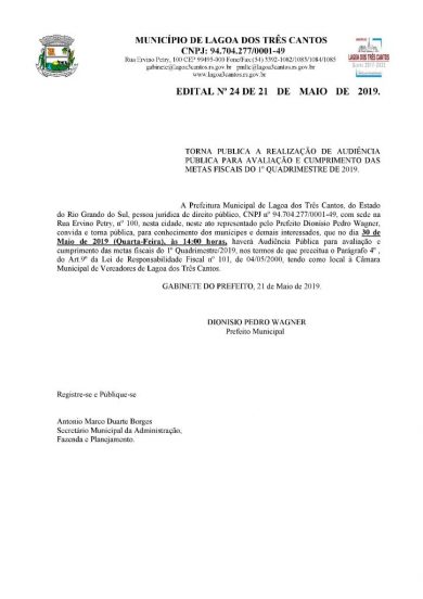Município realizará Audiência Pública para avaliação e cumprimento das Metas Fiscais do 1º Quadrimestre de 2019