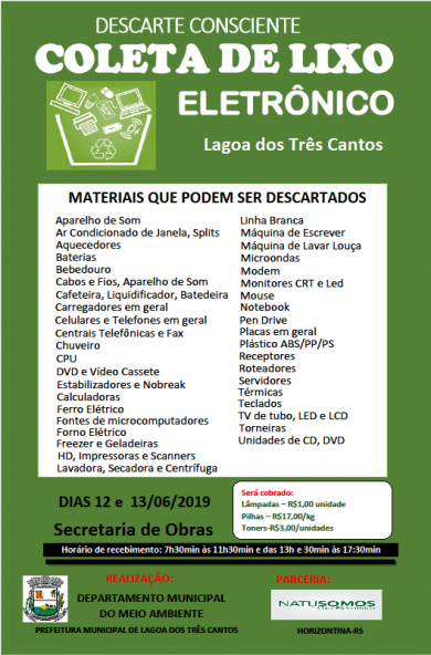 Campanha para Coleta de Lixo Eletrônico será dias 12 e 13 de Junho.