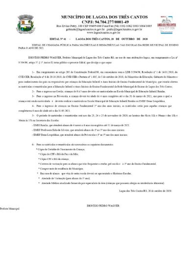Matrículas e Rematrículas da Rede Municipal de Ensino para o ano de 2021