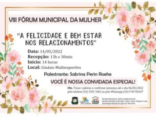 Vlll Fórum da Mulher será sábado (14) em Lagoa dos Três Cantos