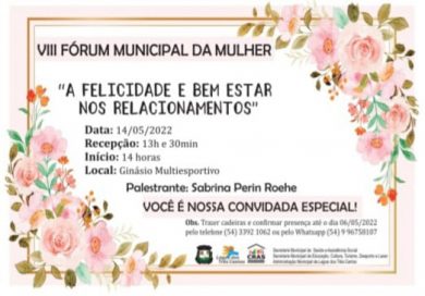 Vlll Fórum da Mulher será sábado (14) em Lagoa dos Três Cantos