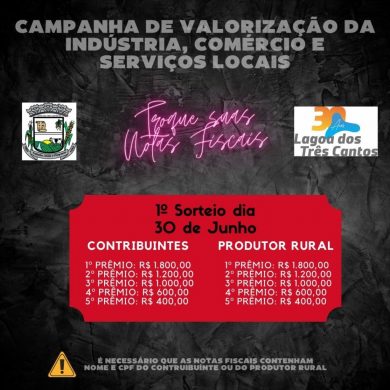 1º sorteio da Campanha de Valorização do Comércio de Lagoa dos Três Cantos será neste dia 30