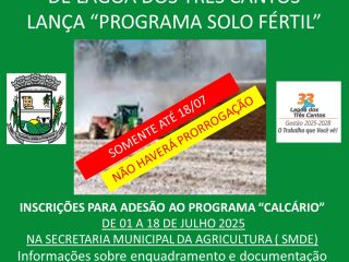 Sexta-feira (18) é o último dia para inscrição ao Programa Solo Fértil de Lagoa dos Três Cantos
