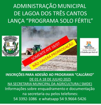 Sexta-feira (18) é o último dia para inscrição ao Programa Solo Fértil de Lagoa dos Três Cantos