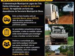 Furto em Secretaria de Obras de Lagoa dos Três Cantos: caminhão Munck é levado durante a madrugada