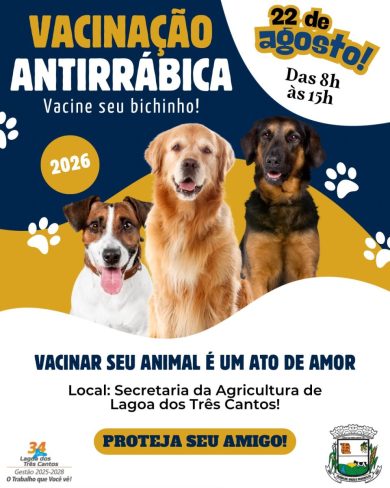 Vacinação antirrábica acontece no dia 22 de agosto em Lagoa dos Três Cantos