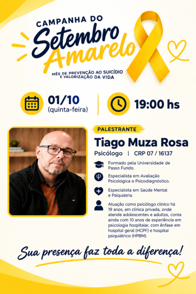 Palestra sobre saúde mental é será dia 1º de outubro em Lagoa dos Três Cantos