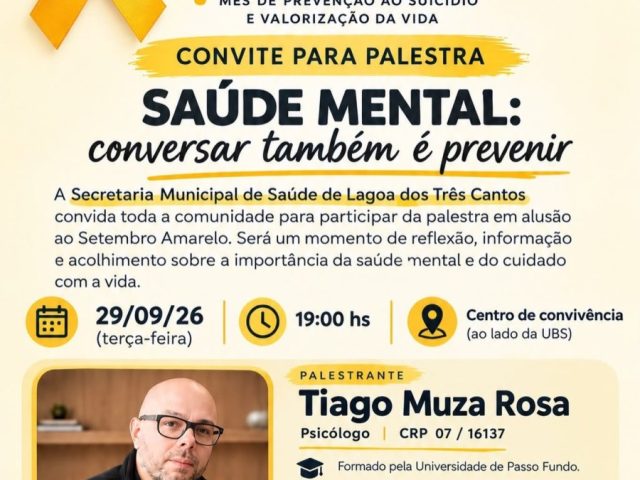 Lagoa dos Três Cantos promove palestra sobre saúde mental durante o Setembro Amarelo