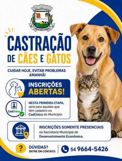 Município abre inscrições para castração de cães e gatos destinadas a famílias cadastradas no CadÚnico