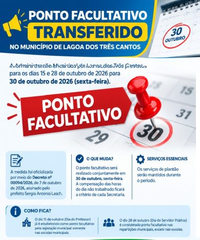 Município de Lagoa dos Três Cantos transfere ponto facultativo para 30 de outubro